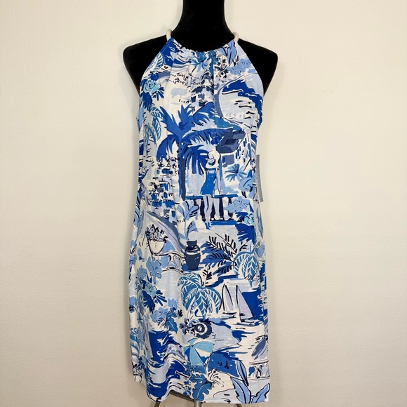 London Times Dresses & Skirts - London Times Linen Blend Halter Sleeveless Seaside Print Shift A-Line Dress 8-10